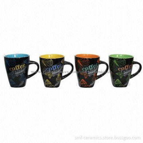 12oz Ceramic Coffee Mugs with Glazed Inside and Decal Outside, FDA-/SGS-certified